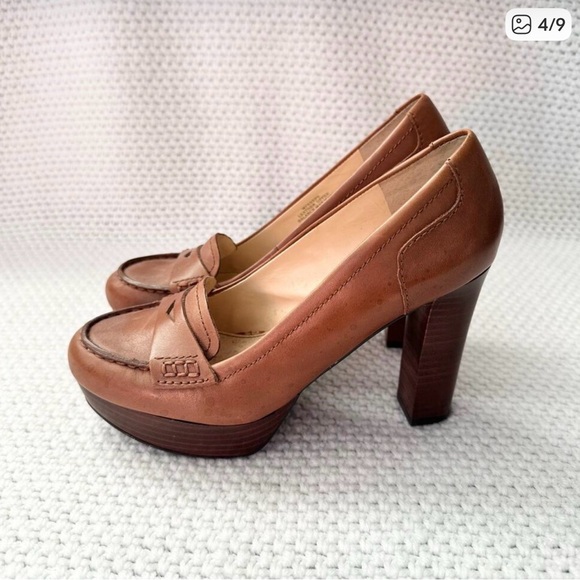 Marc Fisher Keeps Brown Tan Leather Platform Penny Loafer Stacked Heel Pump 6.5 - Picture 5 of 9